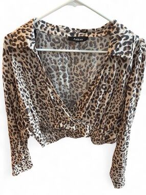 Aakaa Leopard-Print Wrap V Neck Cropped Long Sleeve Blouse